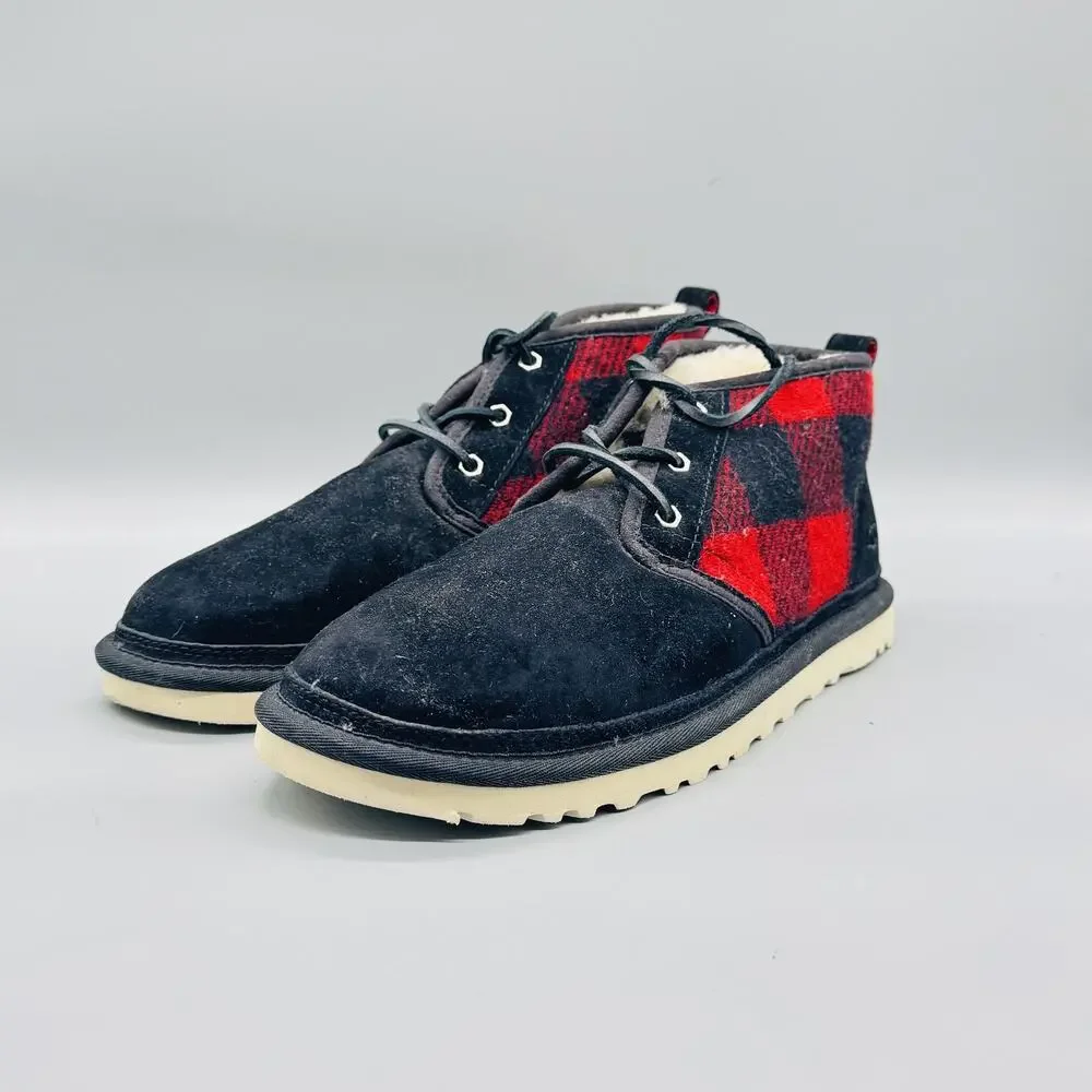 UGG Boots Mens 10 Black Suede Neumel Plaid Chukka Ankle Lace Up Lined Shoes